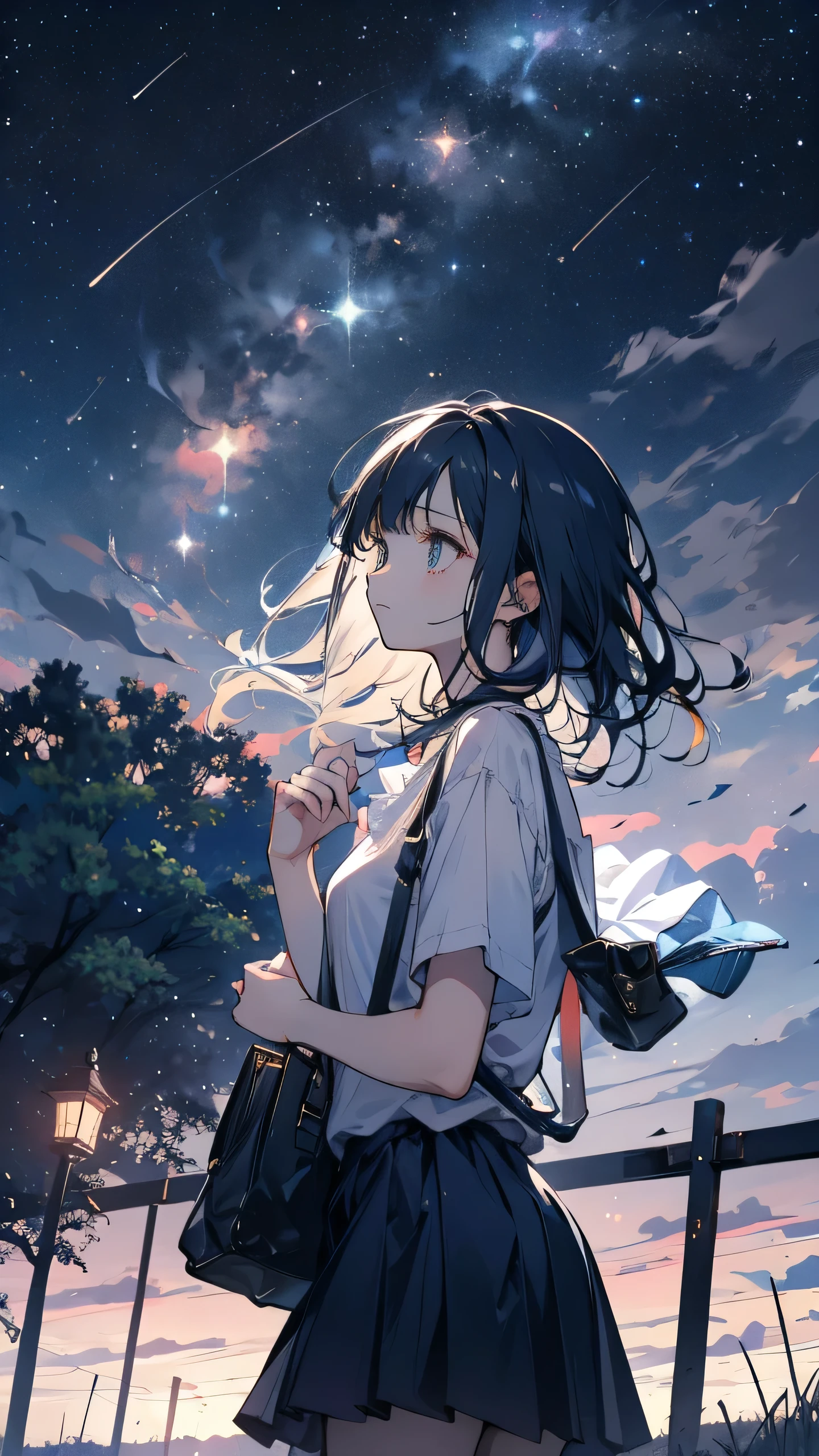 “A young high school girl from the city, dressed casually in summer attire, with a slightly wistful expression. She has short, slightly wavy hair and carries a small bag with her. Her look is curious yet reserved, as if she’s adjusting to the slower pace of the countryside. In the background, a peaceful rural setting with a hint of starry night sky, as she gazes up in awe. Soft, warm lighting captures her sense of wonder and introspection under the starlit sky.”