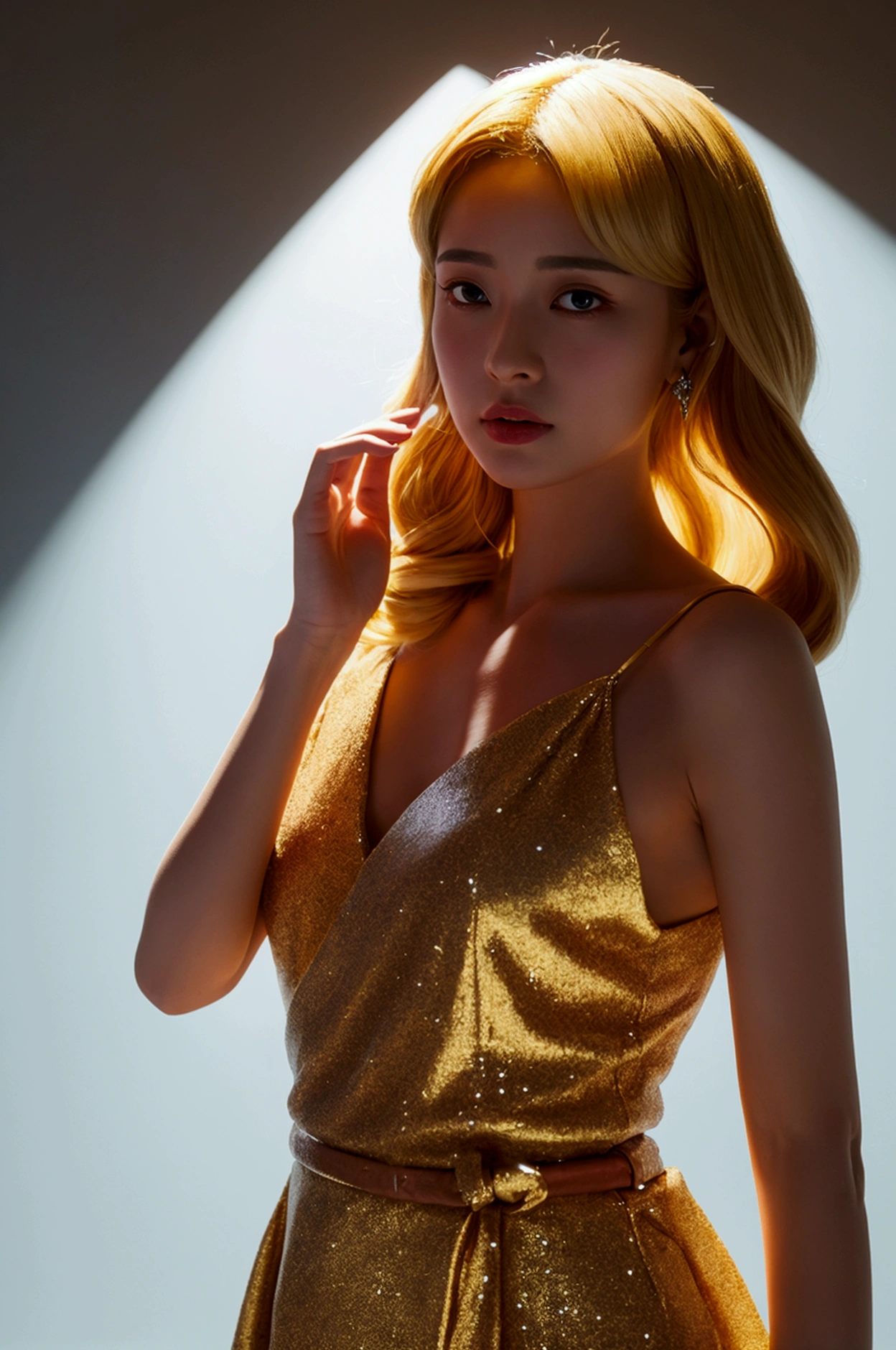 (Highest quality, High resolution, Realistic,8k,masterpiece,RAW Photos),One 20-year-old,Japanese dancer with short blonde hair,On stage,dancing,Fancy costumes,Flashy lighting