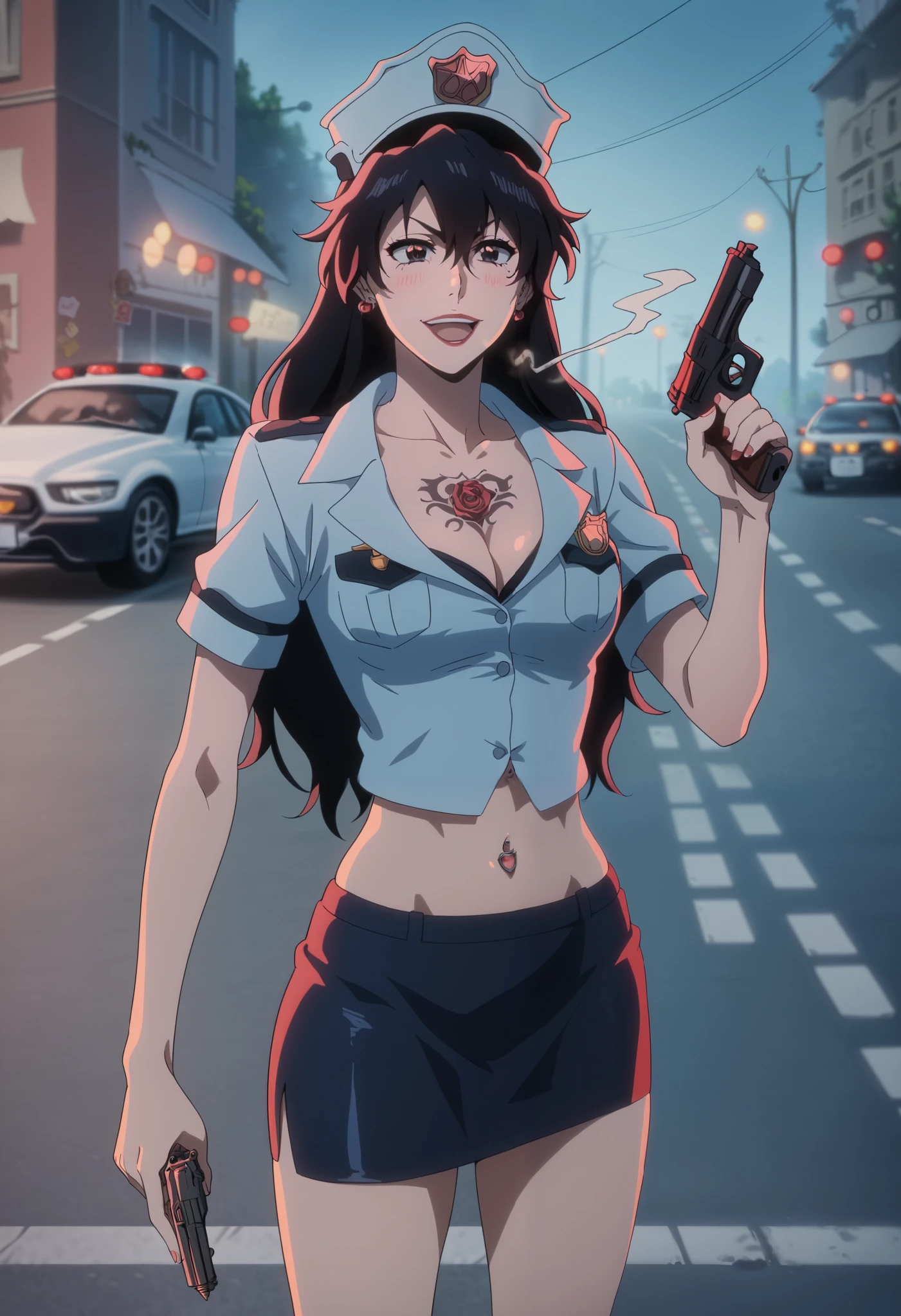 bambietta, 1girl, long hair,hair between eyes,bangs,black hair, ear piercing, long hair, blush, lipstick,Hot girl, baddie, smoking, sensual, attractive ,masterpiece, best quality, highly detailed, a anime girl in police uniforms , police outfit, military outfit,
open mouth, cleavage, evil smile, smile, ecchi anime style, anime girl, digital anime art!!, in anime
style, (nsfw) not safe for work, official artwork, , beautiful anime girl, anime style 4 k, micro pencil
skirt, pencil skirt, micro skirt, exposed
belly, exposed navel, exposed midriff, exposed lower belly, holding a gun, holding pistol,next to police
car,outdoor,street,road, police car, navel piercing, tattoo, tattoo midriff, rose tattoo,