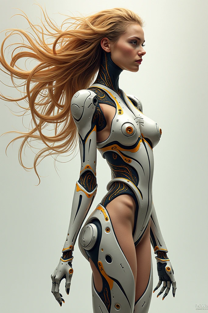 sexy female cyborg artist, full length, blonde hair, french braid, standing by easel, painting self-portrait, in oil paints, best quality, high quality, masterpiece, absurdres, beautiful body, public hair, magnificent ???????, 4k, 8k, HDR, high quality, absurdity, masterpiece, Beautiful, complex parts, 1/2 body trims, slender body, Beautiful figure, Magnificent ???????, (complex parts:1.12), HDR, (complex parts, hyper detail:1.15), (natural skin textures, hyperrealistic, soft light, spicy:1.2)