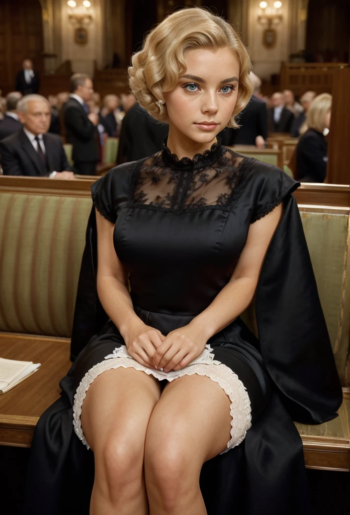 20th century, 1960, a noblewoman, formal black dress, elegant, beauty, blue eye, short wavy hair, blonde hair, sit, parliament, crowd, gloomy, french, realistic skin, realistic hair, (french face, french body)