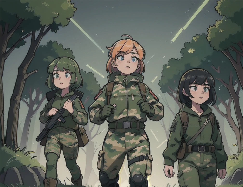 3 girls in camouflage outfits,beautiful eyes,detailed lips,camouflage jacket,camouflage balaclava,tactical gloves,tactical backpack,army belt,camouflage pants,army boots,walking in a forest village at night,highly detailed,8k,photorealistic,studio lighting,extremely detailed,hyper realistic,cinematic lighting,vibrant colors,masterpiece