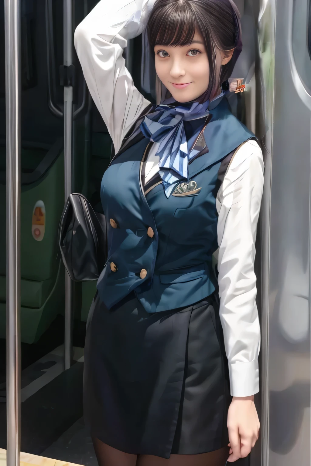 (masterpiece:1.2,  best quality:1.2), 32kHDR,  kampala, (Alone、  1 girl)、（What is 、  professional lighting）、In-flight background、（Nankai Train crew uniformを着たリアルなスタイル）、（（Nankai train crew uniform green vest））、（（ Nankai train crew uniform collarless white long sleeve blouse）） 、（（Black Curly Culotte Skirt 、Scarf around the neck））、 Dark brown hair 、（ Long Hair、Hair tied up、Hair tied up）、 Dark brown hair 、 Long Hit 、Big Breasts、Thin legs、（（ amazing hands：2.0）），（（  Harmonious Body Proportions ：1.5）），（（Normal limbs：2.0）），（（Usually refers to：2.0）），（（ delicate eyes ：2.0）），（（Normal eyes：2.0））)、smile、（Nankai Train crew uniformを着た美しい姿）、Hands clasped underneath