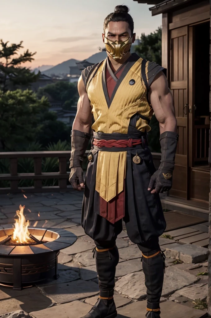 mkscorpion,man,black hair, single hair bun, mask, sleeveless, yellow japanese clothes, fingerless gloves, looking at viewer, serious, standing, upper body shot, arms crossed, outside, temple, fire pit, warm ambiance, dusk, high quality, masterpiece, 