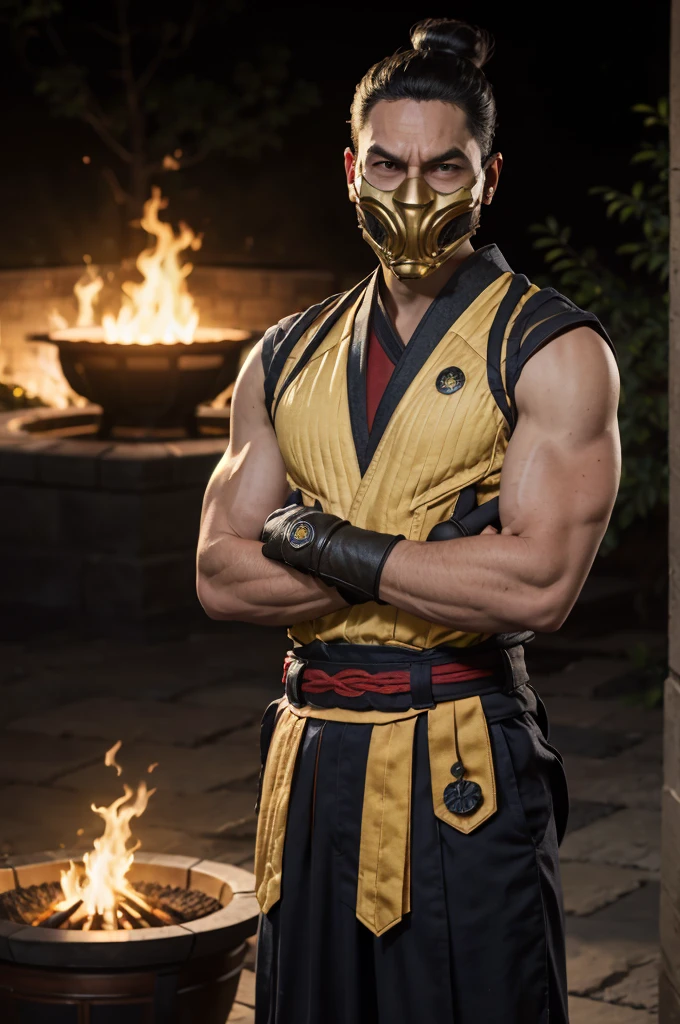 mkscorpion,man,black hair, single hair bun, mask, sleeveless, yellow japanese clothes, fingerless gloves, looking at viewer, serious, standing, upper body shot, arms crossed, outside, temple, fire pit, warm ambiance, dusk, high quality, masterpiece, 