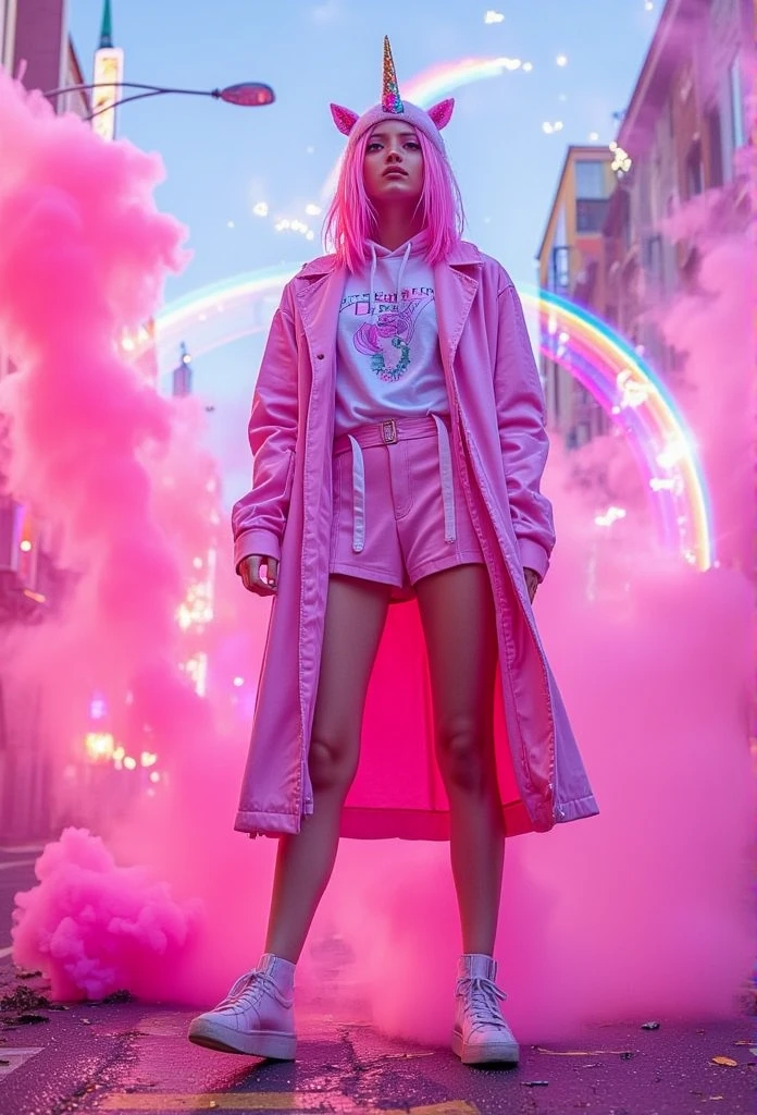 ((masterpiece)) ((photography)) ((Highest quality)) Wide angle, low angle shot of a fierce young woman wearing a pink coat and short skirt, with a hoodie featuring a unicorn horn on top. She stands confidently in the middle of a chaotic urban street, surrounded by vibrant pink smoke, glowing rainbows, and hints of destruction. Her determined gaze and posture dominate the scene, emphasizing her powerful presence against the misty, vibrant background.