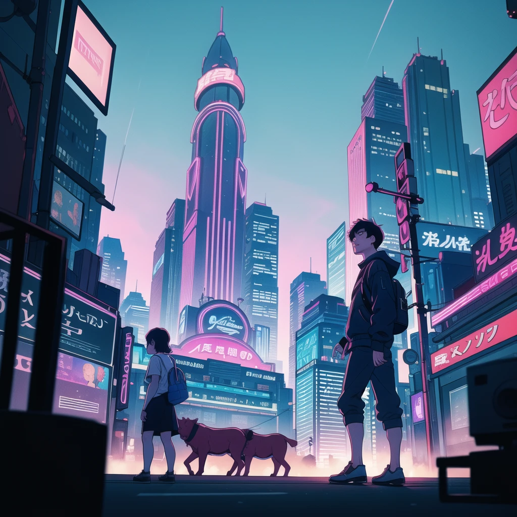 I'm in the center of the city ,A young man with trunks hair is looking up、  The silhouettes of skyscrapers float in a pale pastel sunset sky .  neon lights begin to light ,  throws retro brilliance into the bustling streets .  The scene is enhanced with subtle VHS noise ,  creates a lo-fi cityscape reminiscent of 90s urban dreams.  the vibrant city comes to life ,  The air is filled with distant traffic sounds and laughter 