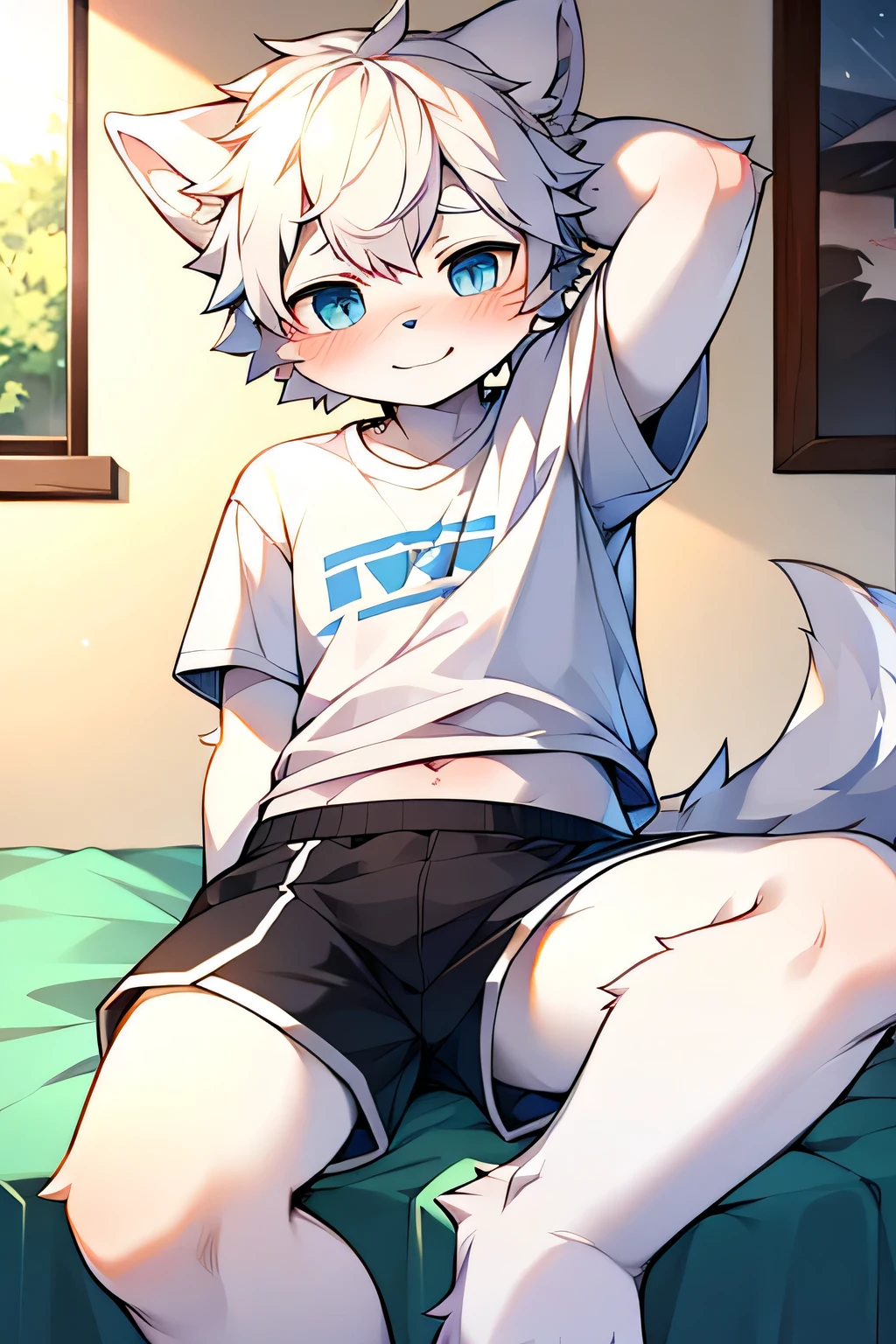 Puppy, wolf, boy, cute,white hair, blue eyes, blushing, smiling, sitting on the bed, wear shorts and t-shirts