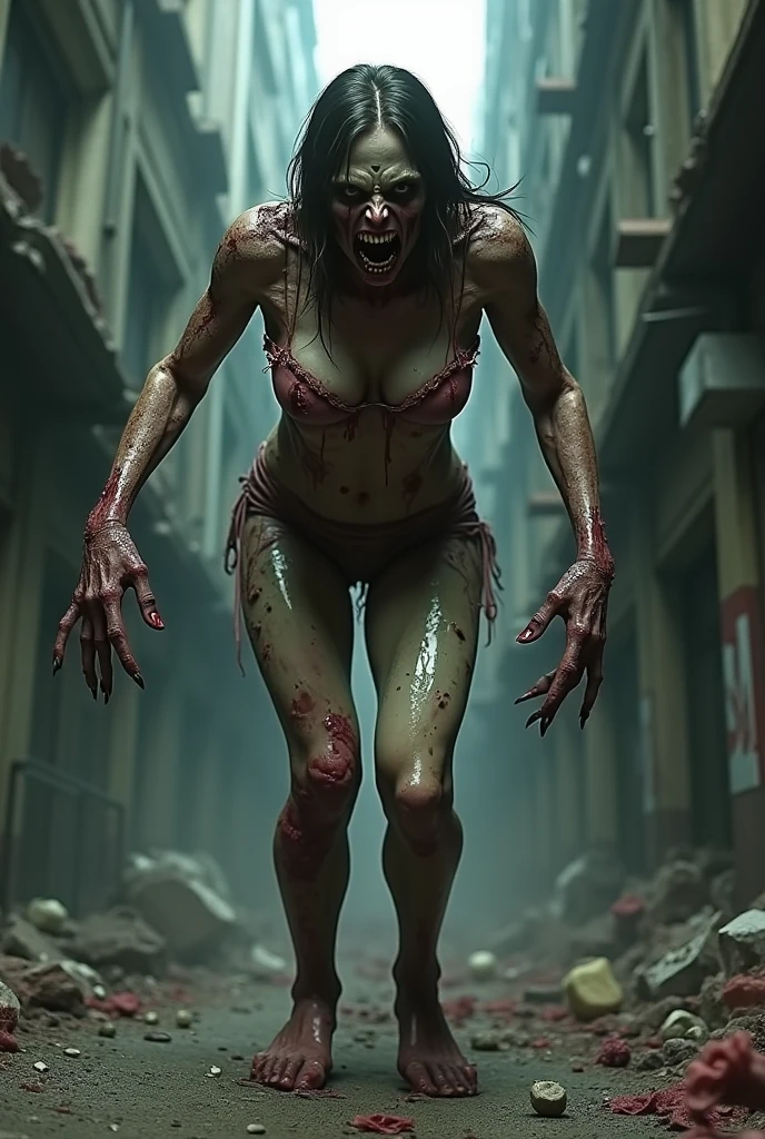 (masterpiece, 4k), a young nude female standing in an abandoned scientific lab, pressurized (smoke) coming out of leaking pipes, (smoke in foreground), wires in short circuit hanging from the ceiling, (sparks), dead bodies on the floor, blood splatters, gore, wide angle, dof, high definition, detailed, intricate, cinematic, (dark ambient:1.4), depth of field, chromatic aberration abuse, anatomically correct, dutch angle