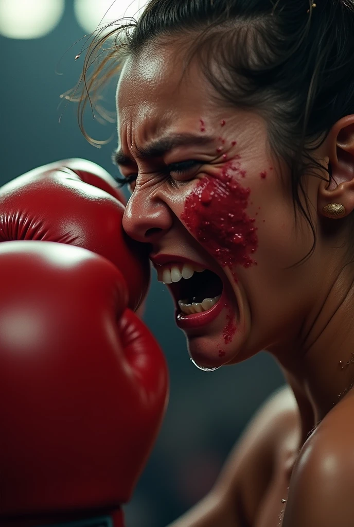 [punch_cheek, fist hit cheek, (((she is brutally hitted in the cheek:1.2))), (((hit in cheek:1.2)))], each other fighting, man vs woman, female super villain, (boxing:1.5), man's punching:1.5, (man is hitting the woman:1.5), (woman is damaged:1.5), dark light skin, curvy, (very huge suggy breast), full body, side view, long apart, naked, simple background, dutch angle, ugly:1.5, face is hit motion blur, nipples reinforced, (fistfight scene), woman has crashed face