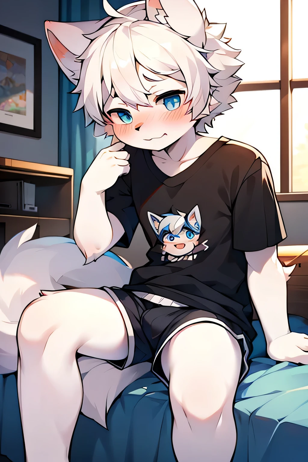 Puppy, wolf, boy, cute,white hair, blue eyes, blushing, sitting on the bed, wear shorts and t-shirts
