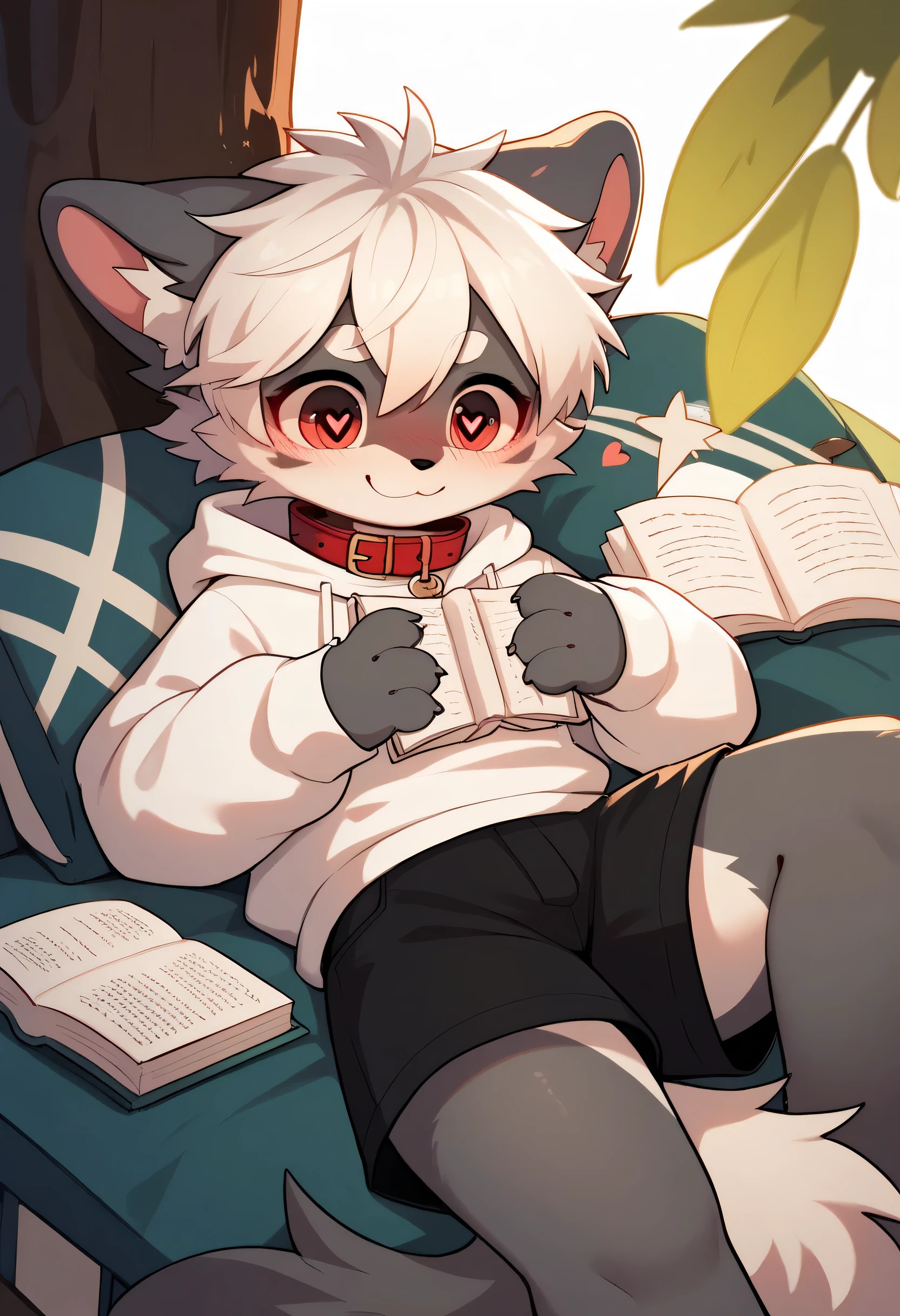  very detailed, very detailed, white hair with grey fur,Age 15,female,Heart Eyes,participate,Red collar, cute face, fluffy fur,Horny boy ,White background,Droopy ears, blush nose ,Up in the tree,Read a book,smile,cry,sleep,Estrus season,excited,Fur Boy, an uneasy face, black shorts, sweatshirt , Long Sleeve ,Trendy,