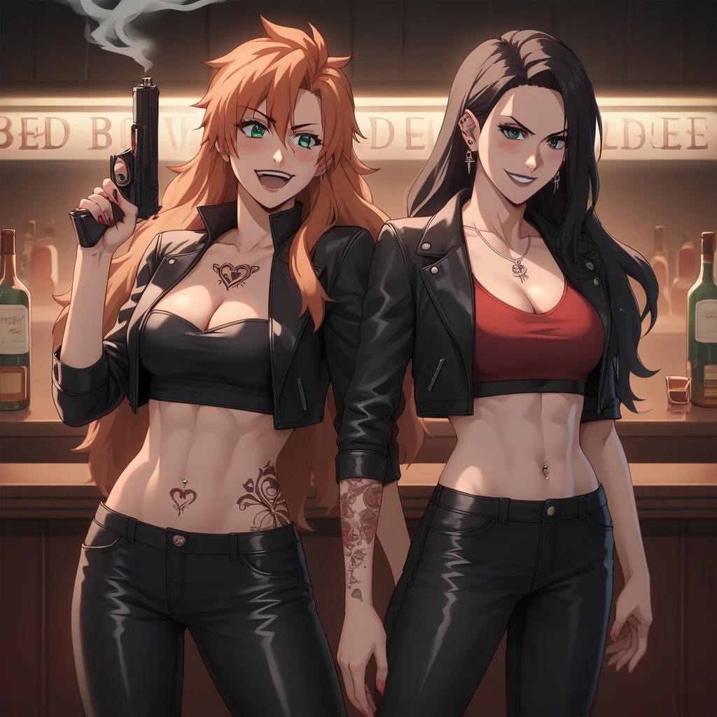 1girl, two girls, anime girls,  ear piercing, long hair, blush, lipstick,Hot girl, baddie, smoking, sensual, attractive ,bar background, inside bar,indoors, masterpiece, best quality, highly detailed, a girls with a gun, evil smile , open mouth, sexy gaze, badass
pose , evil smile, smile, (nsfw) not safe for work, guns blazing, anime girl with long hair, beautiful long
haired girl, navel, evil expression, exposed belly, exposed navel, exposed midriff, exposed lower belly,
long black pants, crop top, cleavage, unbuttoned leather pants ,open fly, low rise black leather pants,
leather jacket, holding a gun, holding pistol, navel piercing, tattoo , tattoo midriff, rose tattoo