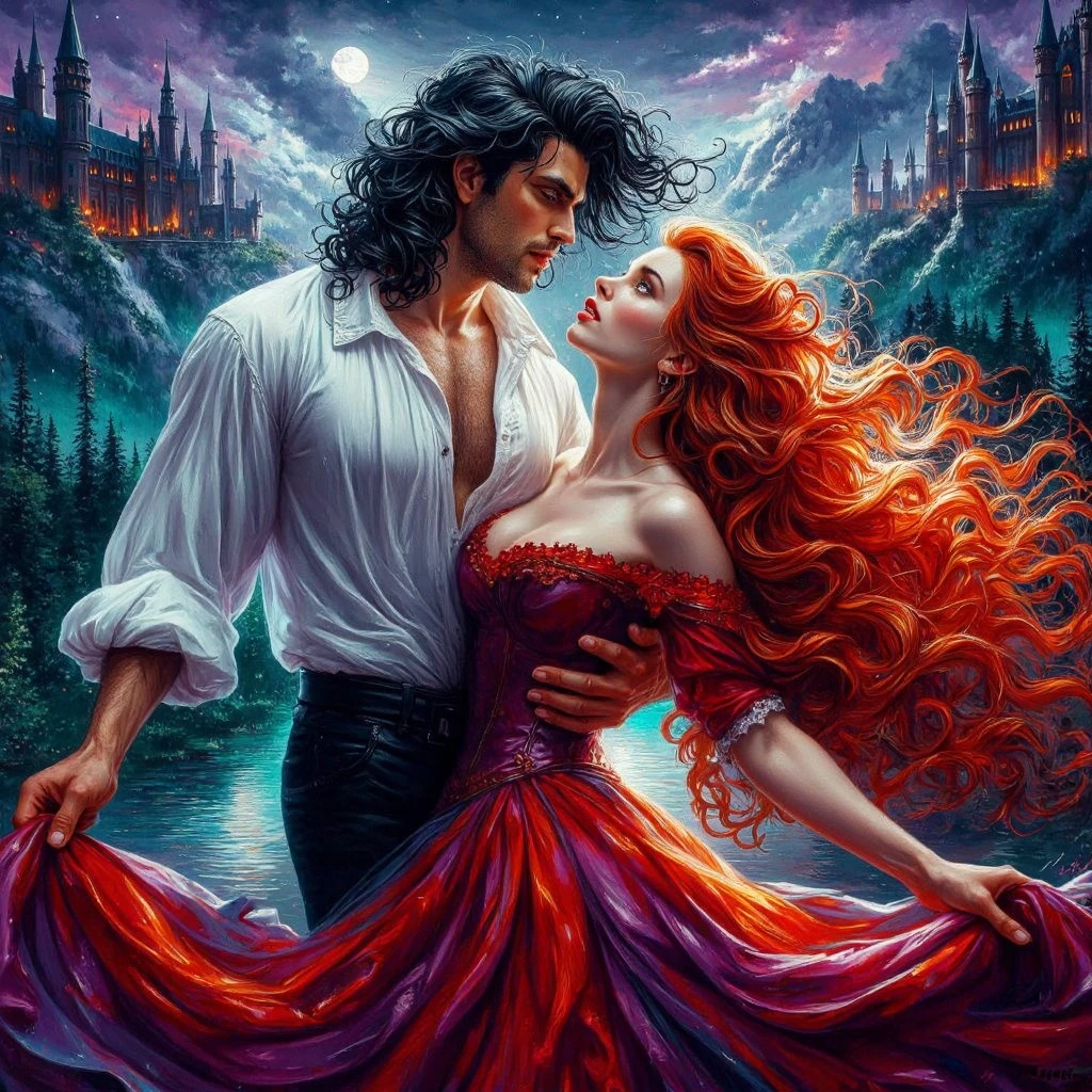  vibrant passionate ColorfulGlossingDigitalHyperealisticArtScene BOOKCOVER bossy handsome long-haired man30 years old passionately holds a frightened curly red-haired beautiful girl,eye to eye ,passion, looks at a girl in love , white shirt men black pants ,mirrored silkball red girl dress , at night palace and forest and mountains .oldenglanddress .textural,BRIGHT,Shine,glare, detailhandsfingers ,silk hair,correct proportions ,dynamically, Perfectanatomy 