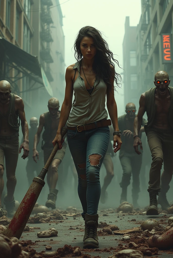 A 30 year old woman,  surrounded by Zombies attacking a supermarket, horror styling