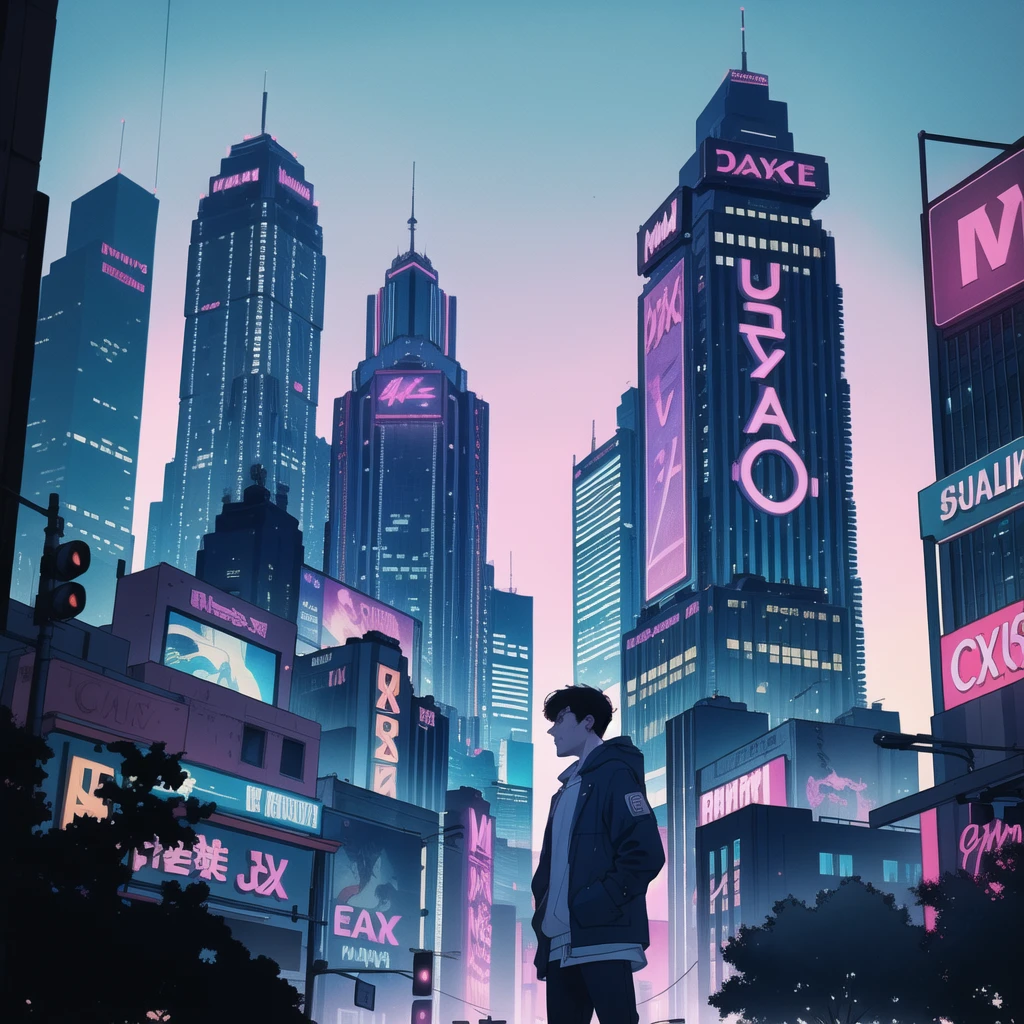 I'm in the center of the city ,A young man is looking up、  The silhouettes of skyscrapers float in a pale pastel sunset sky .  neon lights begin to light ,  throws retro brilliance into the bustling streets .  The scene is enhanced with subtle VHS noise ,  creates a lo-fi cityscape reminiscent of 90s urban dreams.  the vibrant city comes to life ,  The air is filled with distant traffic sounds and laughter 