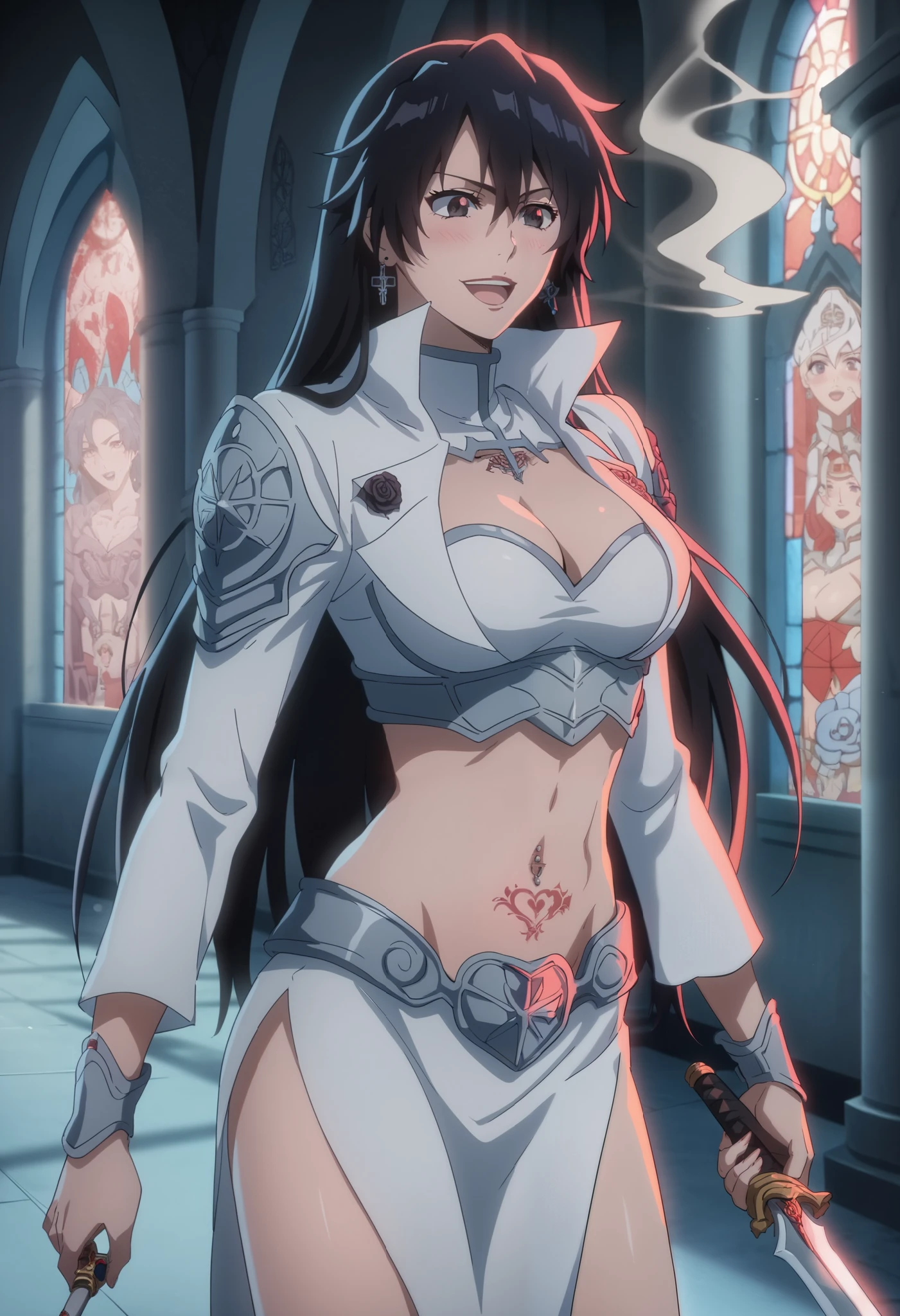 bambietta, 1girl, long hair,hair between eyes,bangs,black hair, ear piercing, long hair, blush, lipstick,Hot girl, baddie, smoking, sensual, attractive ,masterpiece, best quality, highly detailed, fantasy , a anime girls in armored dress holding a sword
posing for a picture, evil smile, smile, open mouth, breastplate with open cleavage, cleavage, warrior
outfit, ecchi anime style, anime girls, ecchi style, (nsfw) not safe for work, ecchi, digital anime art!!, in
anime style, official artwork, visual novel cg, beautiful anime girl, anime style 4 k , loincloth, exposed
belly, exposed navel, exposed midriff, exposed lower belly, pencil skirt armored, castle,inside castle,, navel piercing, tattoo, tattoo midriff, rose tattoo,