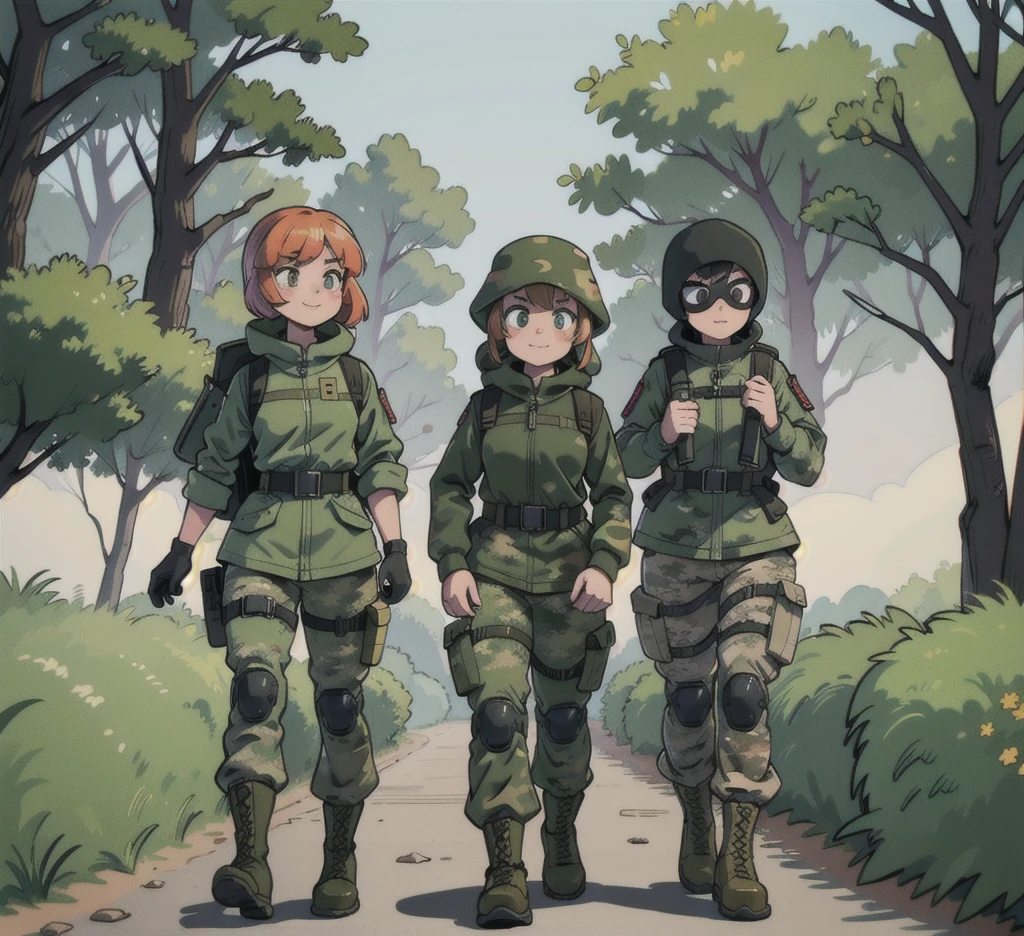 Three sandy girls smile camouflage jacket, camouflage balaclava,tactical gloves, tactical backpack, army belt,camouflage pants, army boots, walking forest, village, night,