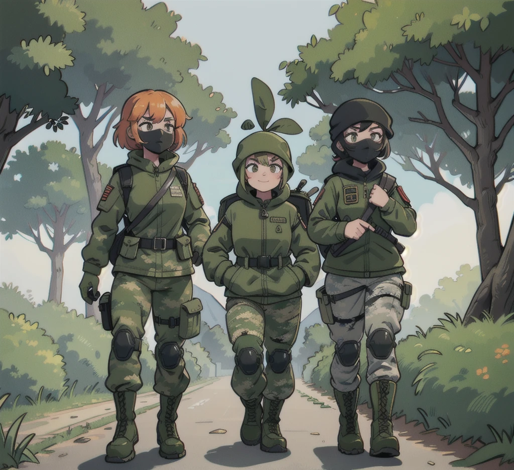 Three sandy girls smile camouflage jacket, camouflage balaclava,tactical gloves, tactical backpack, army belt,camouflage pants, army boots, walking forest, village, night,