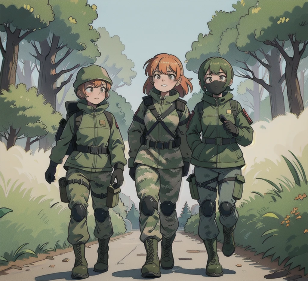 Three sandy girls smile camouflage jacket, camouflage balaclava,tactical gloves, tactical backpack, army belt,camouflage pants, army boots, walking forest, village, night,