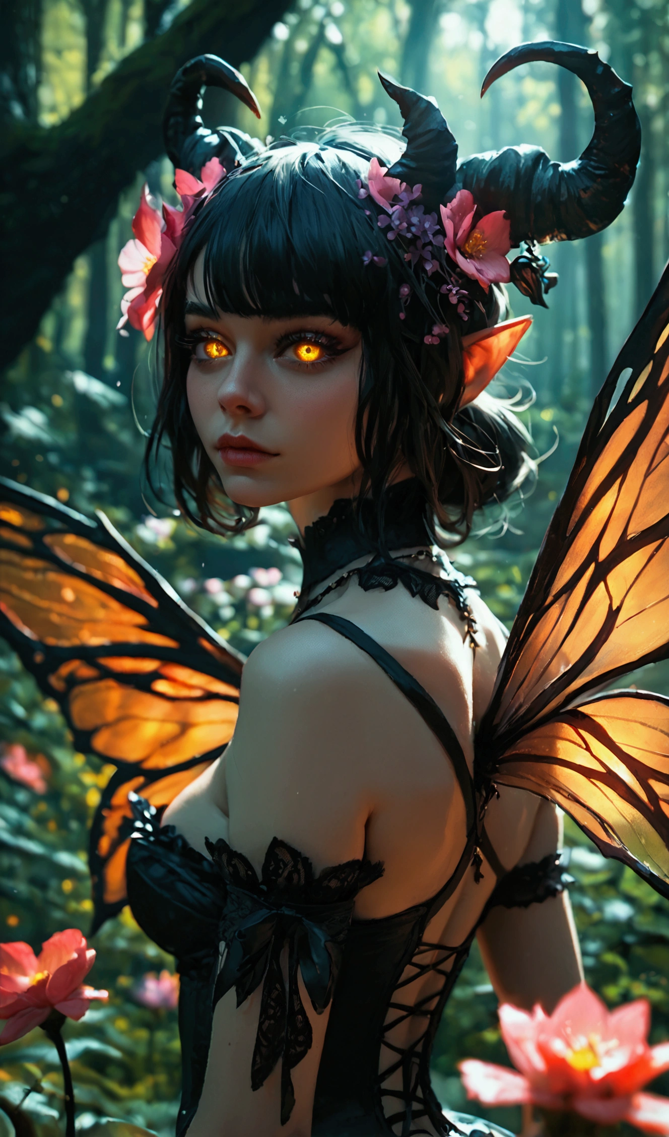 Realistic, (1girl)(solo)(gothic fairy)(demon horns)(demon tail)(dark insect wings)(back view)(dark night)(dark forest)(flying on dark fantasy forest)(glowing flowers)(wide view)(perfect hand)(expressive eyes)(perfect face)((Masterpiece))((best quality))(Score_9, score_8, score_7_up)(8k)(anatomy correct)(perfect anatomy)(ultra details)