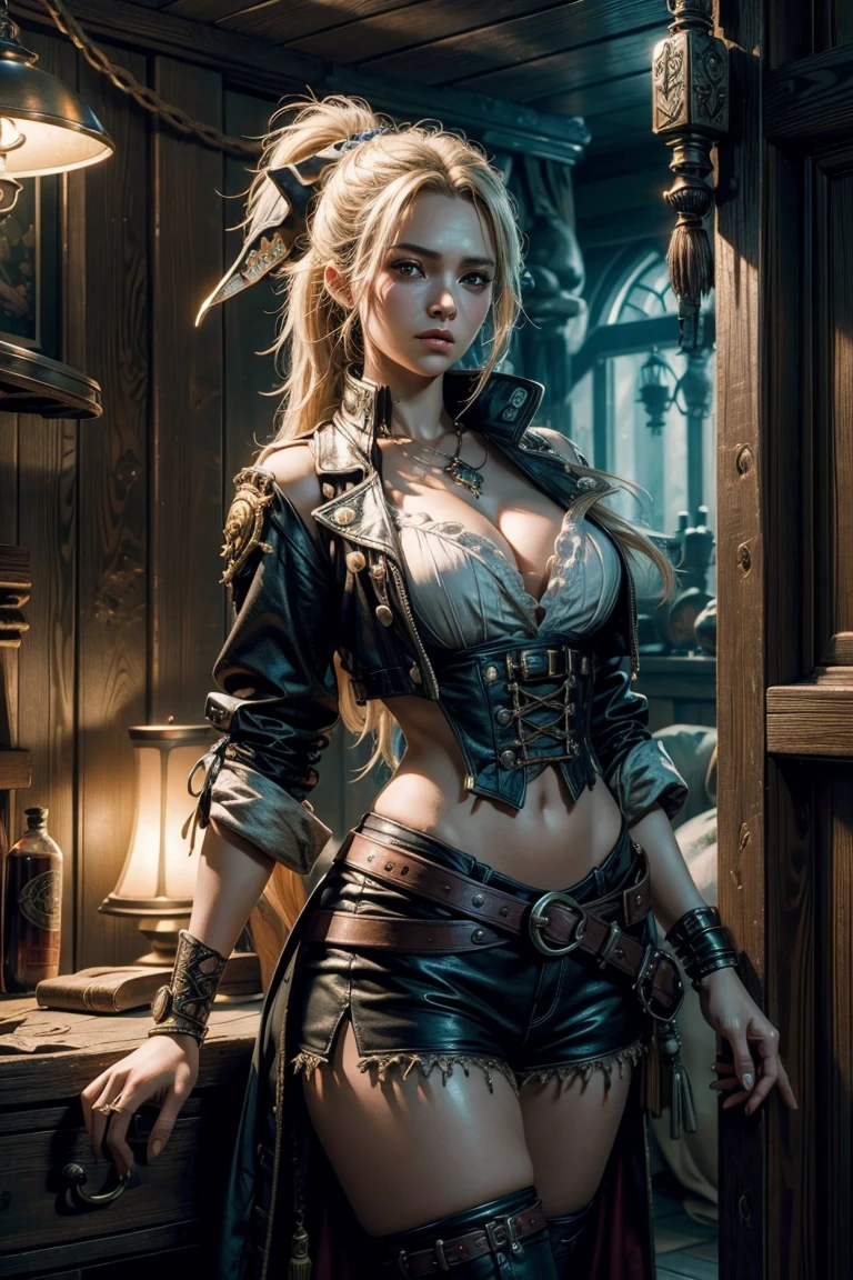 (American Shot), A man with a very Beautiful Steampunk Girl in a movie poster pose, carrying guns, Steampunk Fantasy, Girl with (Very Light Eyes), A Beautiful Steampunk GoddessGirl, (Small Breast) girl, ((Small Hips)) girl, girl height 5' 3'' inches, (Looking At Camera), Wearing a large number of steampunk accessories on clothing that glow or are illuminated, Steampunk Digital Art, Mechanized Valkyrie Girl, very warm atmosphere image, orange tones.