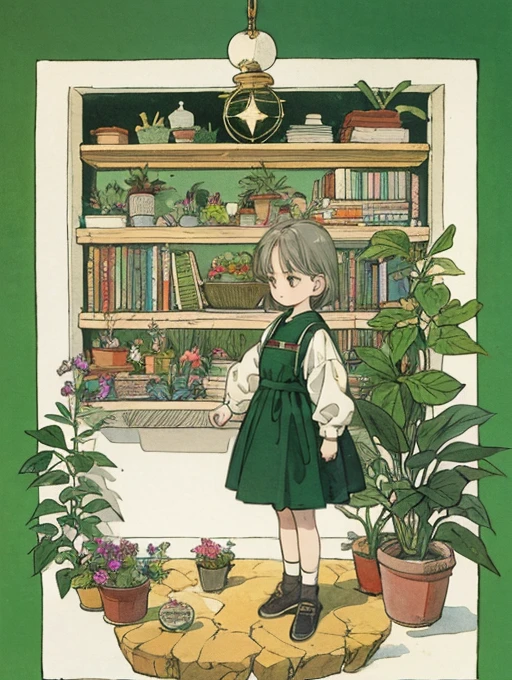  cute woman、Grey Hair、 medium short 、sweater, full body,comics、watercolor,analog、 flat fill 、90s Style,green stars,Botanical,flower, simple background、  knight ,Vast landscape,Hanging Garden,space, constellation, face details, deep antique color,green, deep shadow ,Simple lines, ,