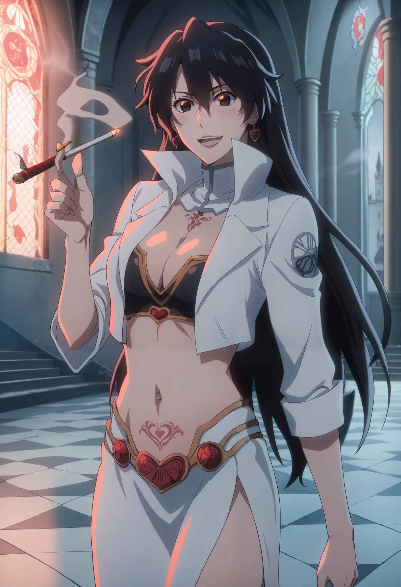 bambietta, 1girl, long hair,hair between eyes,bangs,black hair, ear piercing, long hair, blush, lipstick,Hot girl, baddie, smoking, sensual, attractive ,masterpiece, best quality, highly detailed, fantasy , a anime girls in armored dress holding a sword
posing for a picture, evil smile, smile, open mouth, breastplate with open cleavage, cleavage, warrior
outfit, ecchi anime style, anime girls, ecchi style, (nsfw) not safe for work, ecchi, digital anime art!!, in
anime style, official artwork, visual novel cg, beautiful anime girl, anime style 4 k , loincloth, exposed
belly, exposed navel, exposed midriff, exposed lower belly, pencil skirt armored, castle,inside castle,, navel piercing, tattoo, tattoo midriff, rose tattoo,