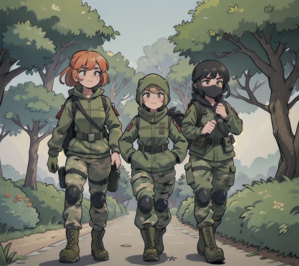 Three sandy girls smile camouflage jacket, camouflage balaclava,tactical gloves, tactical backpack, army belt,camouflage pants, army boots, walking forest, village, night,