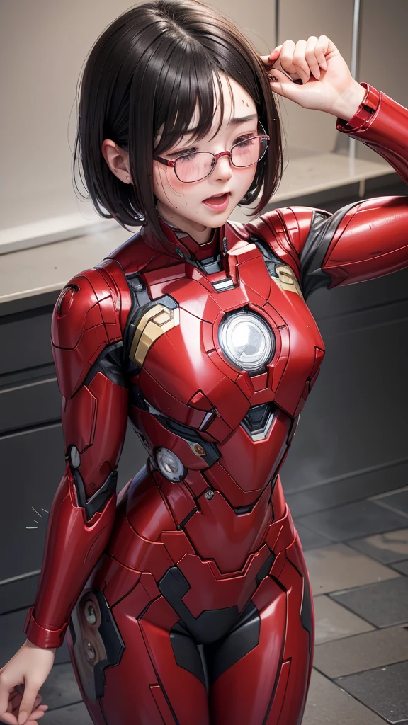  best quality　8k Red Iron Man Suit Girl　 girl　Sweaty face　cute　 Shorthair　 boyish 　 Steam coming out of the head　 my hair is wet from sweat　The feel of black hair　 full body portrait　My upper body is soaked　Glasses