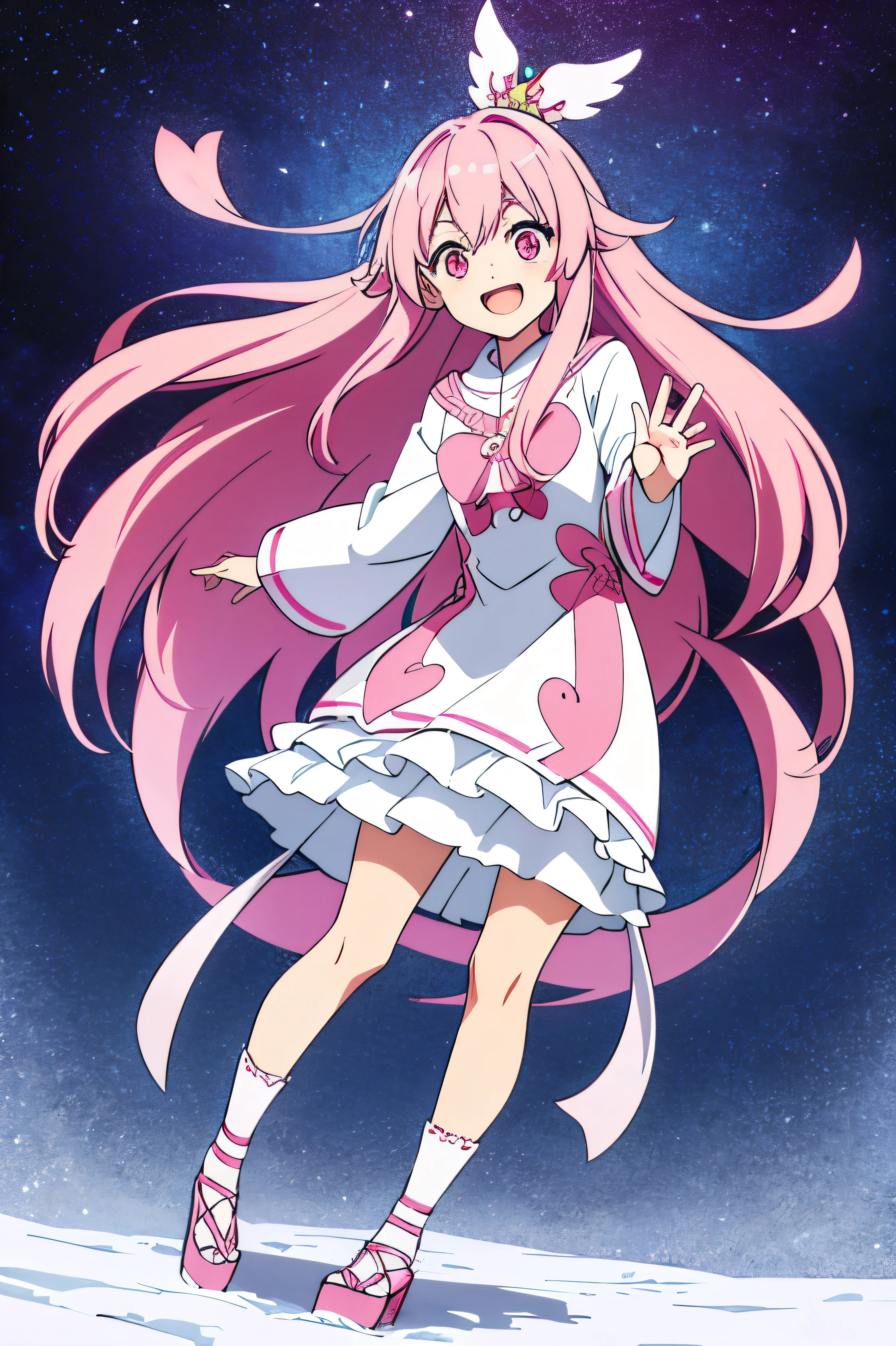 pink hair、 long hair、cute、 is laughing、Full body illustration、 pink eyes,