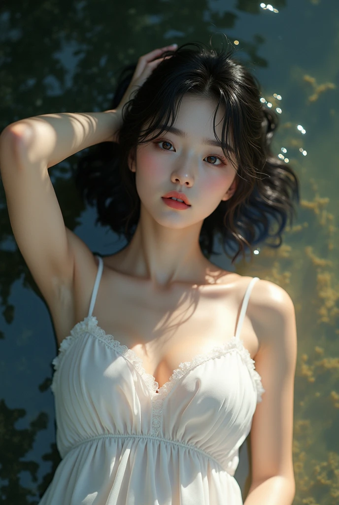 ((top-quality、8K、masterpiece: 1.erfect Body Beauty: 1.4、Slender Abs: 1.2、Beautiful woman with slender abs:1.3、(Highlight Haircutreast B Cup:1.2), medium breast, round shape breast, perfect shape breast, ((( wear wet see through T-shirt, wide neck))) (((black strap on shoulder))), pubic hair,hight pubic bone, necklace, hyperdetailed face、18year old、 Pretty women、(Dark brown short-cut hair), Slim Face、Highly detailed facial and skin texture、very detailed lips、opens legs、top-quality、masterpiece、超A high resolution、(Photorealsitic:1.4), walked forward confidently, long shot , (outdoor), bright background, sunset light,, shiny nipple, hard nipples