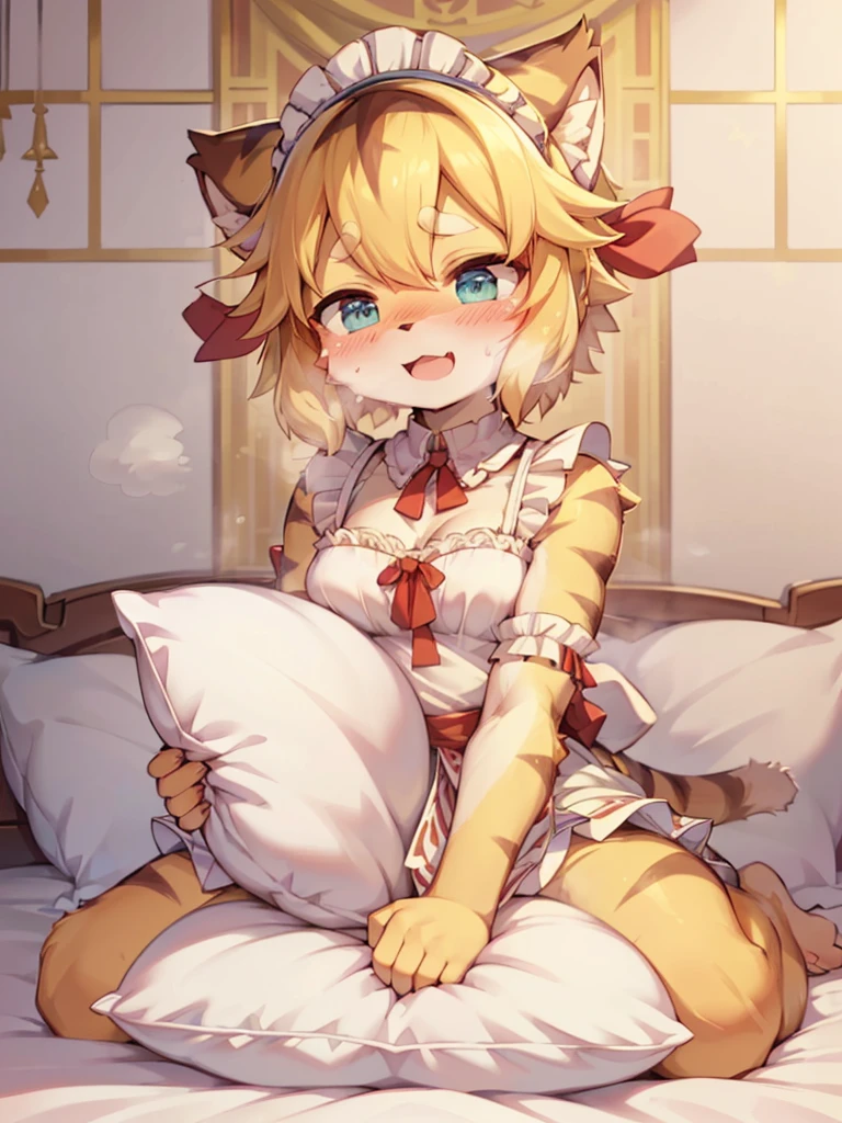 （masterpiece，best quality），mine, The Beast, , ( ））, 穿着Maid costume的可爱女孩在Pillow上摆姿势,，Maid costume，nature,, (blush),a smile，Pillow,（Lots of Pillow），Soft cushion，（canopy bed），（Pillow），Lots of Pillow，（Friction in the crotch），（（PillowCamel）），（A tail），（Around the protagonist），steam，（Pillow），（LuxuryPillow），（Palace Pillow Pattern Pillow），（palace），（Palace bedroom），（Gorgeous Pattern Pillow），Soft Pillow，，（Classical European style bedroom ），（excited，shy person，Lack of expressiveness，），pillow hump,，(Deluxe Rococo Canopy King Bed),Luxurious curtains with ornate ruffles and ribbons hang around the large bed.,((((The bed is piled with many Pillows)))),Quilt details,Detailed bed linen,Ruffled Bed Skirt,Deep Bed,Background with depth,((Pillow in detail)), ((((A Lot of Pillow))))，,，Detailed Soft Pillow,,((女孩正躺在许多Soft Pillow上,There are many Pillows around))，、、In a large canopy bed、Soft sheets and quilts、Colorful soft Pillow、Lots of Pillow、Soft toned bed、Ruffled curtains around the bed.。Delicate face，（Ornate pattern pillow），Soft pillow，，（ classical European style bedroom  ），（Excited face，Opened mouth，Shy，），，my，tiger girl，，sweaty，，（more pillows)，，Blushing，Shy,,MASTURBATING WITH PILLOW,pillow humping, crotch rub,Exhale hot air，steam