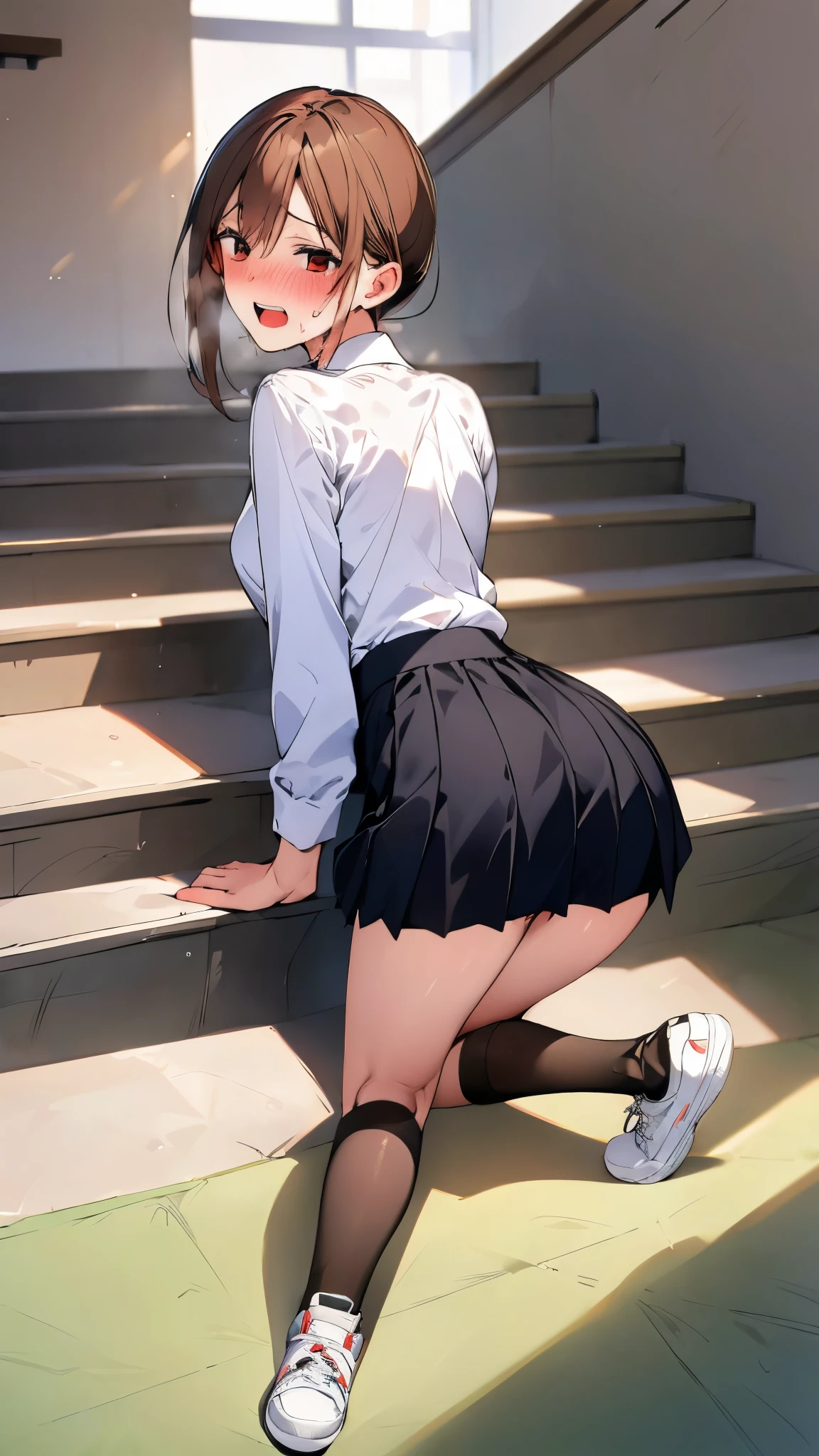 Masterpieces,High Quality,.
Shooting from the bottom of the stairs,
Standing,
Full body,
Back,
turn around,
school stairs, 
stooping forward,
Rolling vibrators:1.5,
Ahegao,
open mouth,
black high socks,
sneaker,ass focus,flare skirt,all fours,