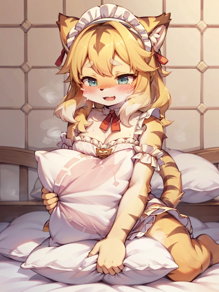 （masterpiece，best quality），mine, The Beast, , ( ））, 穿着Maid costume的可爱女孩在Pillow上摆姿势,，Maid costume，nature,, (blush),a smile，Pillow,（Lots of Pillow），Soft cushion，（canopy bed），（Pillow），Lots of Pillow，（Friction in the crotch），（（PillowCamel）），（A tail），（Around the protagonist），steam，（Pillow），（LuxuryPillow），（Palace Pillow Pattern Pillow），（palace），（Palace bedroom），（Gorgeous Pattern Pillow），Soft Pillow，，（Classical European style bedroom ），（excited，shy person，Lack of expressiveness，），pillow hump,，(Deluxe Rococo Canopy King Bed),Luxurious curtains with ornate ruffles and ribbons hang around the large bed.,((((The bed is piled with many Pillows)))),Quilt details,Detailed bed linen,Ruffled Bed Skirt,Deep Bed,Background with depth,((Pillow in detail)), ((((A Lot of Pillow))))，,，Detailed Soft Pillow,,((女孩正躺在许多Soft Pillow上,There are many Pillows around))，、、In a large canopy bed、Soft sheets and quilts、Colorful soft Pillow、Lots of Pillow、Soft toned bed、Ruffled curtains around the bed.。Delicate face，（Ornate pattern pillow），Soft pillow，，（ classical European style bedroom  ），（Excited face，Opened mouth，Shy，），，my，tiger girl，，sweaty，，（more pillows)，，Blushing，Shy,,MASTURBATING WITH PILLOW,pillow humping, crotch rub,Exhale hot air，steam