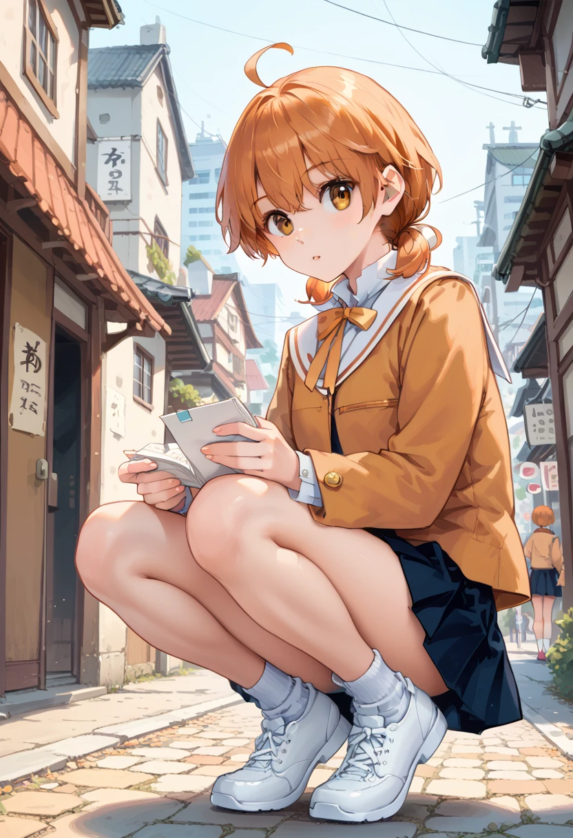 (masterpiece),best quality,cowboy shot,front shot,solo,1-young girl,(ite),skinny,(thin legs),medium breast,squatting in the Japanese city,white cotton panty,panty-shot,dirty crotch by blood,school uniform,orange hair,low short twin tails,ahoge,