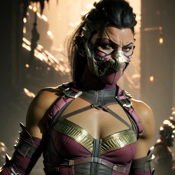 Realistic, 1girl, Mileena from Mortal Kombat, high quality, detailed, (Mortal Kombat: 1.6), wearing Kakashi suit, (realistic, photo-realistic: 1.3), toned physique, broad shoulders, defined abs, long legs, detailed outfit, intricate patterns on the suit, green headband, ninja mask covering the upper part of the face, piercing green eyes, intense gaze, determined expression, sword in hand, battle-ready stance, sword reflecting light, motion blur effect, soft focus on the eyes, cinematic, hyperdetailed.