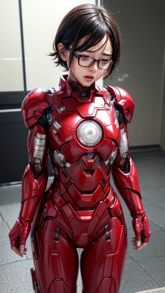  best quality　8k Red Iron Man Suit Girl　Kindergarten girl　Sweaty face　cute　 Shorthair　 boyish 　 Steam coming out of the head　 my hair is wet from sweat　The feel of black hair　 full body portrait　My upper body is soaked　Glasses