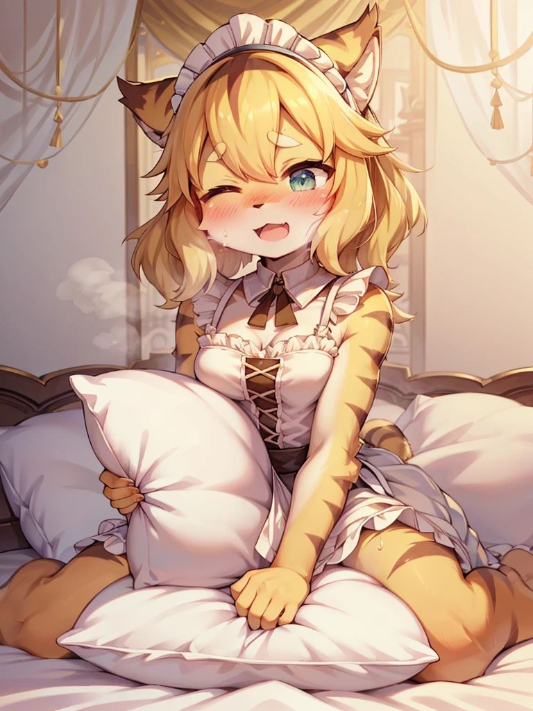 （masterpiece，best quality），mine, The Beast, , ( ））, 穿着Maid costume的可爱女孩在Pillow上摆姿势,，Maid costume，nature,, (blush),a smile，Pillow,（Lots of Pillow），Soft cushion，（canopy bed），（Pillow），Lots of Pillow，（Friction in the crotch），（（PillowCamel）），（A tail），（Around the protagonist），steam，（Pillow），（LuxuryPillow），（Palace Pillow Pattern Pillow），（palace），（Palace bedroom），（Gorgeous Pattern Pillow），Soft Pillow，，（Classical European style bedroom ），（excited，shy person，Lack of expressiveness，），pillow hump,，(Deluxe Rococo Canopy King Bed),Luxurious curtains with ornate ruffles and ribbons hang around the large bed.,((((The bed is piled with many Pillows)))),Quilt details,Detailed bed linen,Ruffled Bed Skirt,Deep Bed,Background with depth,((Pillow in detail)), ((((A Lot of Pillow))))，,，Detailed Soft Pillow,,((女孩正躺在许多Soft Pillow上,There are many Pillows around))，、、In a large canopy bed、Soft sheets and quilts、Colorful soft Pillow、Lots of Pillow、Soft toned bed、Ruffled curtains around the bed.。Delicate face，（Ornate pattern pillow），Soft pillow，，（ classical European style bedroom  ），（Excited face，Opened mouth，Shy，），，my，tiger girl，，sweaty，，（more pillows)，，Blushing，Shy,,MASTURBATING WITH PILLOW,pillow humping, crotch rub,Exhale hot air，steam，With eyes closed，闭眼享受