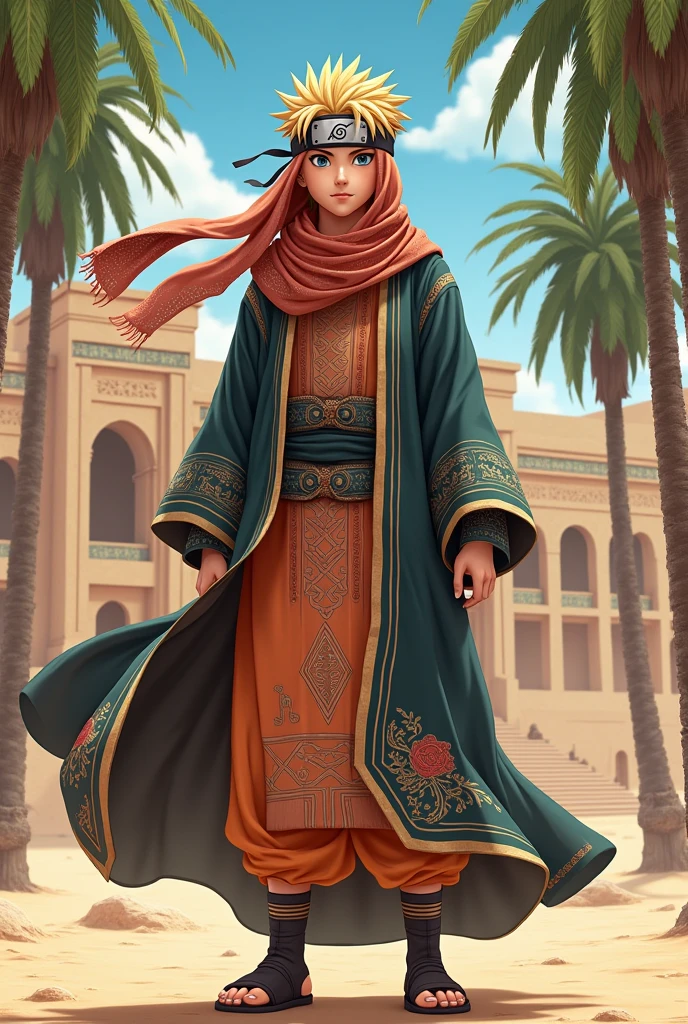 An Arabic woman using uniform green with an emblem write: F.E.P.E, skyes blue and red, a Gian tree behind her l, forest, planet
