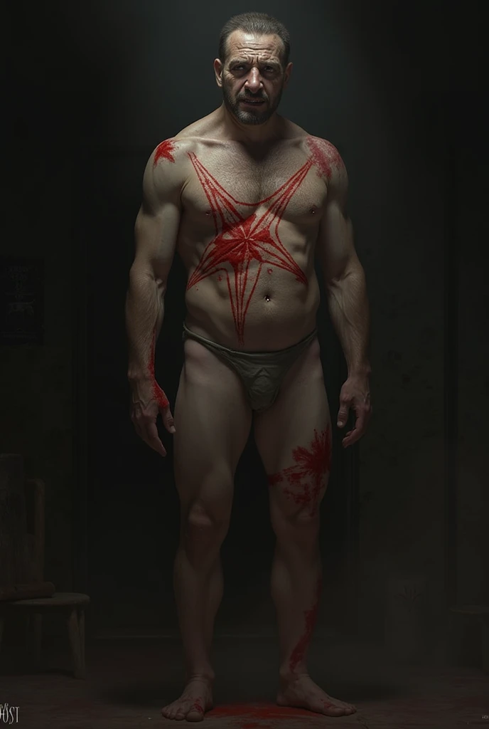 An illustrated movie poster, hand-drawn, full color, a male gluttony demon, 28 years-old, shirtless with blood stains, reddish skin, stocky physique, protruding belly, slightly chubby, deep brown eyes, wide bulbous nose, full lips, black hair, curly hair, thick bushy eyebrows, extremely hairy chest, stomach, and arms, lots of body hair, surrounded by fire, hard shadows, graphite shading, stencil markings, airbrushed acrylic paint, masterpiece