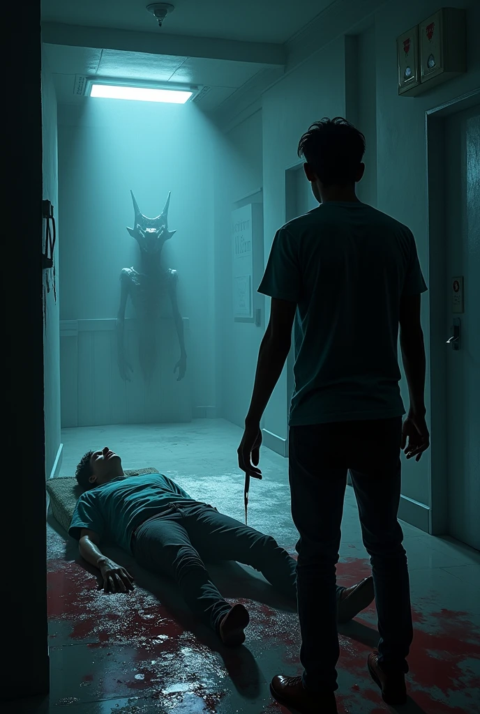 A prisoner, drenched in sweat and clutching a walkie-talkie, stands in horror as a monstrous figure with blood-soaked claws lurks just behind him. The prison cell is bathed in darkness, with only the faintest, eerie light casting long, distorted shadows. Blood splatters the walls, and the air is thick with the stench of decay and fear. The atmosphere is overwhelmingly oppressive, with a focus on the sense of impending doom. Style: dark, nasty, horror. The scene is rendered in deep, gloomy tones with intense contrasts. High detail and resolution.