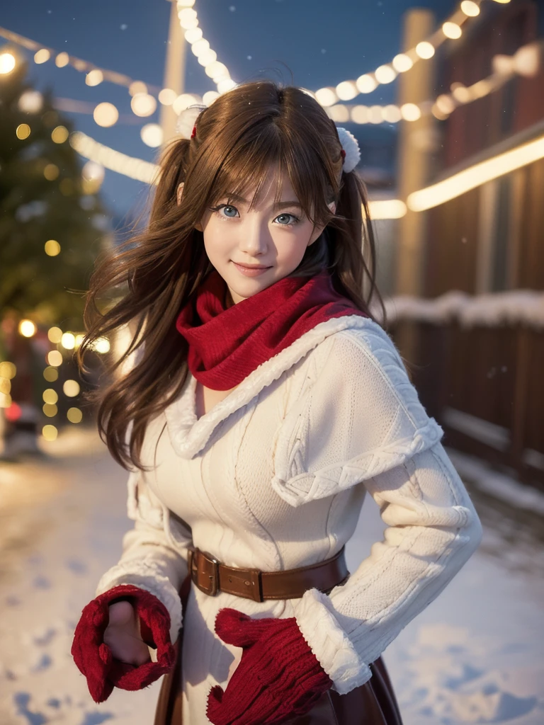 upper body,
break
1girl, (cute Half Japanese and half German girl), smile, Looking at camera, twisting body,
break
souryuuasukalangley, ((long hair, bangs, blue eyes, two side up, light brown hair, red hair ornament, scarf, woolen mittens)),
break dynamic pose,
break
(8k, RAW photo, best quality, masterpiece:1.2), (realistic, photo-realistic:1.4), (extremely detailed 8k wallpaper), sharp focus, depth of field, blur background, bokeh, cinematic lighting, soft light, 
break 
 large Breasts, Saggy breasts, 
break
((Christmas flare dress, long sleeve, wearing a poncho)), 
break 
christmas night, vintage street with gas lamps, snow-covered street,