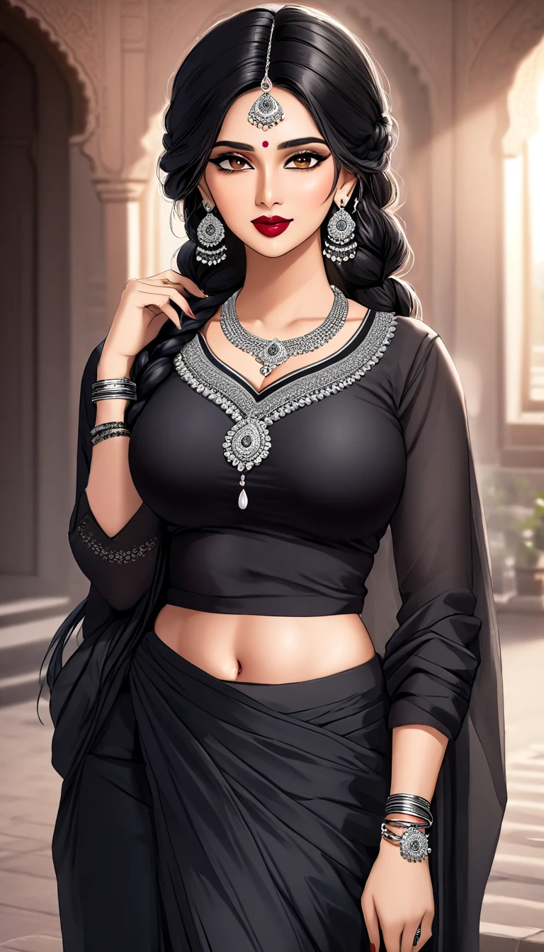 Hot beautiful indian women,wearing a plain black saree, long silver indian jhumka earrings, lipstick, black hair, medium saggy breasts, cleavage ,wavy straight hair,makeup, navel, long jewellery, multiple silver necklace,bangles, accessories , full sleeve blouse,long necklace ,single hair braid , 