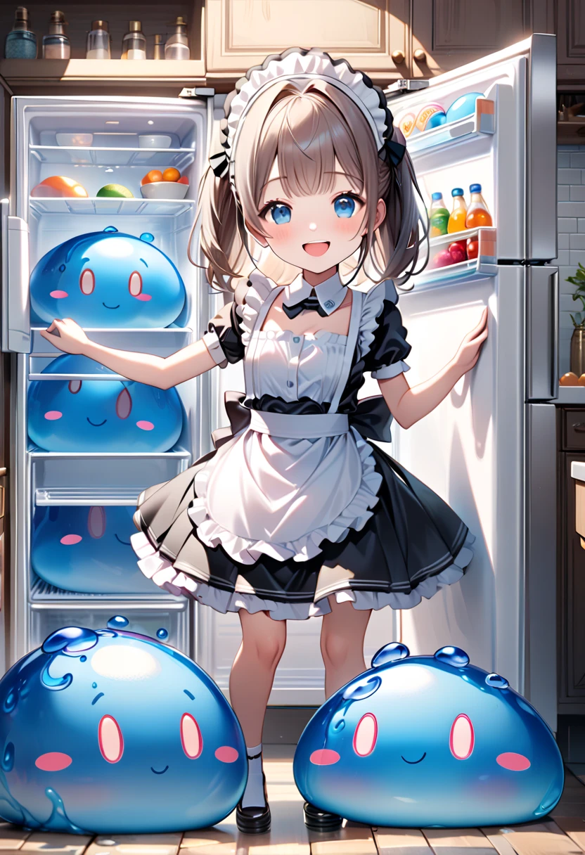 (masterpiece, ultra-detailed, best quality, clear focus, dramatic scene, cinematic), shadow, (ultra-high resolution, 8k), perfect anatomy, perfect face, (detailed face, detailed eye, chibi), cute Japanese chibi slender girl, famous Japanese chibi idol, (chibi:1.3), very beautiful and cute and cool face, (wearing a cute maid outfit with frills:1.3), (she is standing in front of the fridge in the antique kitchen:1.3), (she is opening the fridge, giant blue slime is cooling in the fridge and looks so happy:1.3), (detailed blue slime:1.3), smile, she looks so happy