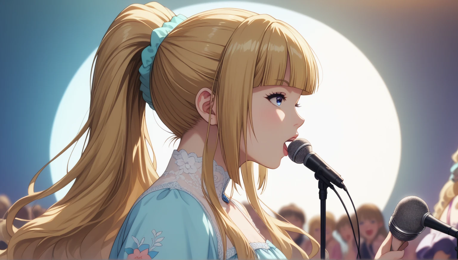 score_9, score_8_up, score_7_up, 1girl, solo, KeiKaruizawa, Kei Karuizawa, bangs, blunt bangs, ponytail hair, long hair, blue eyes, blonde hair, blue scrunchie, sing, singing, mic, maxi dresses in lightweight materials like chiffon and satin. Choose soft colors like peach, baby pink, ivory, or pastel blue, Add elements that make the look more graceful and romantic, such as lace on the sleeves or small floral embroidery, cowboy shot, upper body, looking at viewers, side view