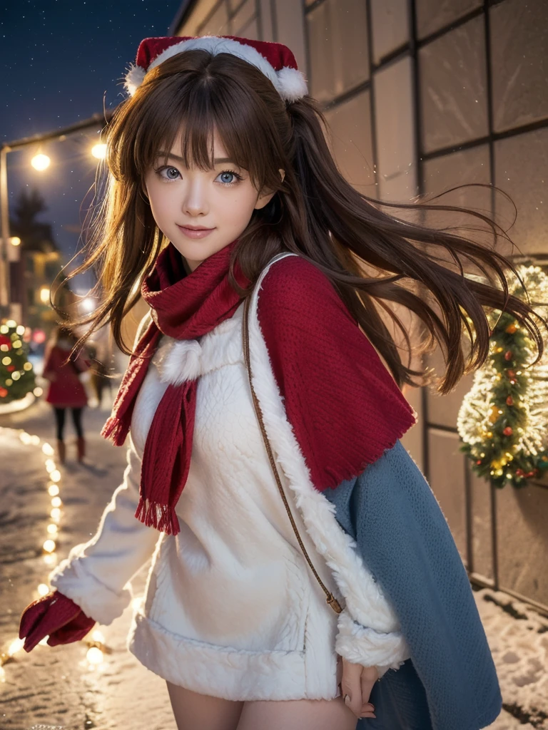 upper body,
break
1girl, (cute Half Japanese and half German girl), smile, Looking at camera, twisting body,
break
souryuuasukalangley, ((long hair, bangs, blue eyes, two side up, light brown hair, red hair ornament, scarf, woolen mittens)),
break dynamic pose,
break
(8k, RAW photo, best quality, masterpiece:1.2), (realistic, photo-realistic:1.4), (extremely detailed 8k wallpaper), sharp focus, depth of field, blur background, bokeh, cinematic lighting, soft light, 
break 
 large Breasts, Saggy breasts, 
break
((Christmas flare dress, long sleeve, wearing a poncho)), 
break 
christmas night, vintage street with gas lamps, snow-covered street,