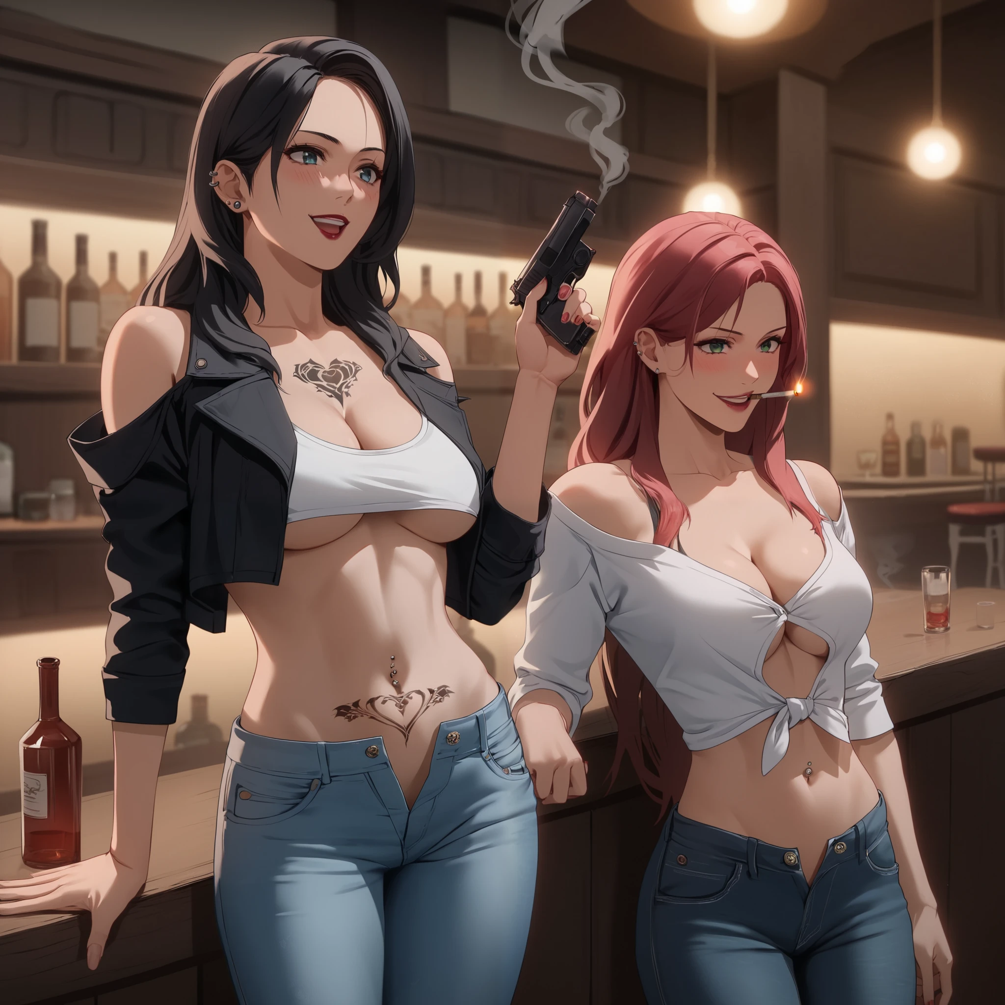 1girl, two girls, anime girls, ear piercing, long hair, blush, lipstick,Hot girl, baddie, smoking, sensual, attractive ,bar background, inside bar,indoors, masterpiece,high quality,4k, bare shoulder,belly,crop top,holding pistol,cleavage, unbuttoned shirt,shirt, knot, indoor,smile, open mouth, (nsfw) not safe for work, evil expression, exposed belly, exposed navel, exposed midriff, exposed lower belly, crop top overhang, underboob,jacket, unbuttoned jeans , low rise black jeans, Low rise jeans, Low rise jeans with open fly, tattoo belly, tattoo midriff, rose tattoo, navel piercing