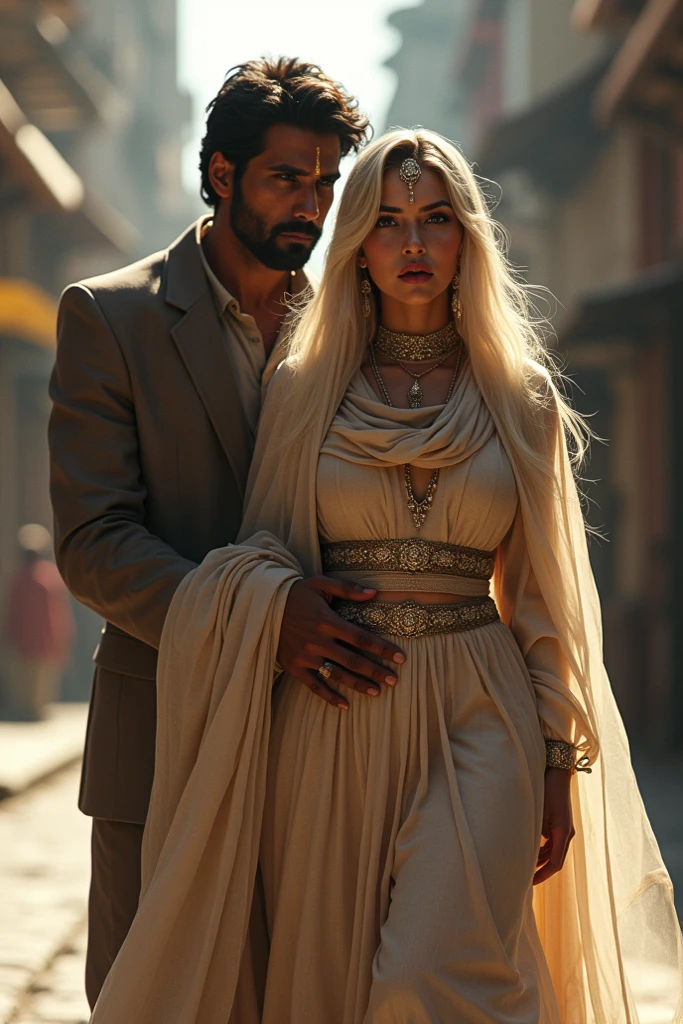 hyper-realistic macro photography of a couple of full-body humanoid priests covered in shiny gray cotton robes, inside the room of an abandoned ruin in the desert, nikon d810 camera, 24mm2.8 lentes com 2.Abertura 8, golden hour sunset light , rustic walls, Biblical times, Estilo Mad Max