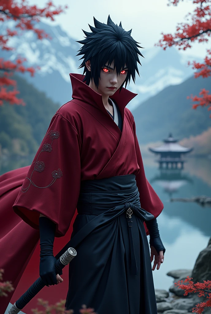 Uchiha Sasuke wearing a red-eyed Japanese Ninja costume